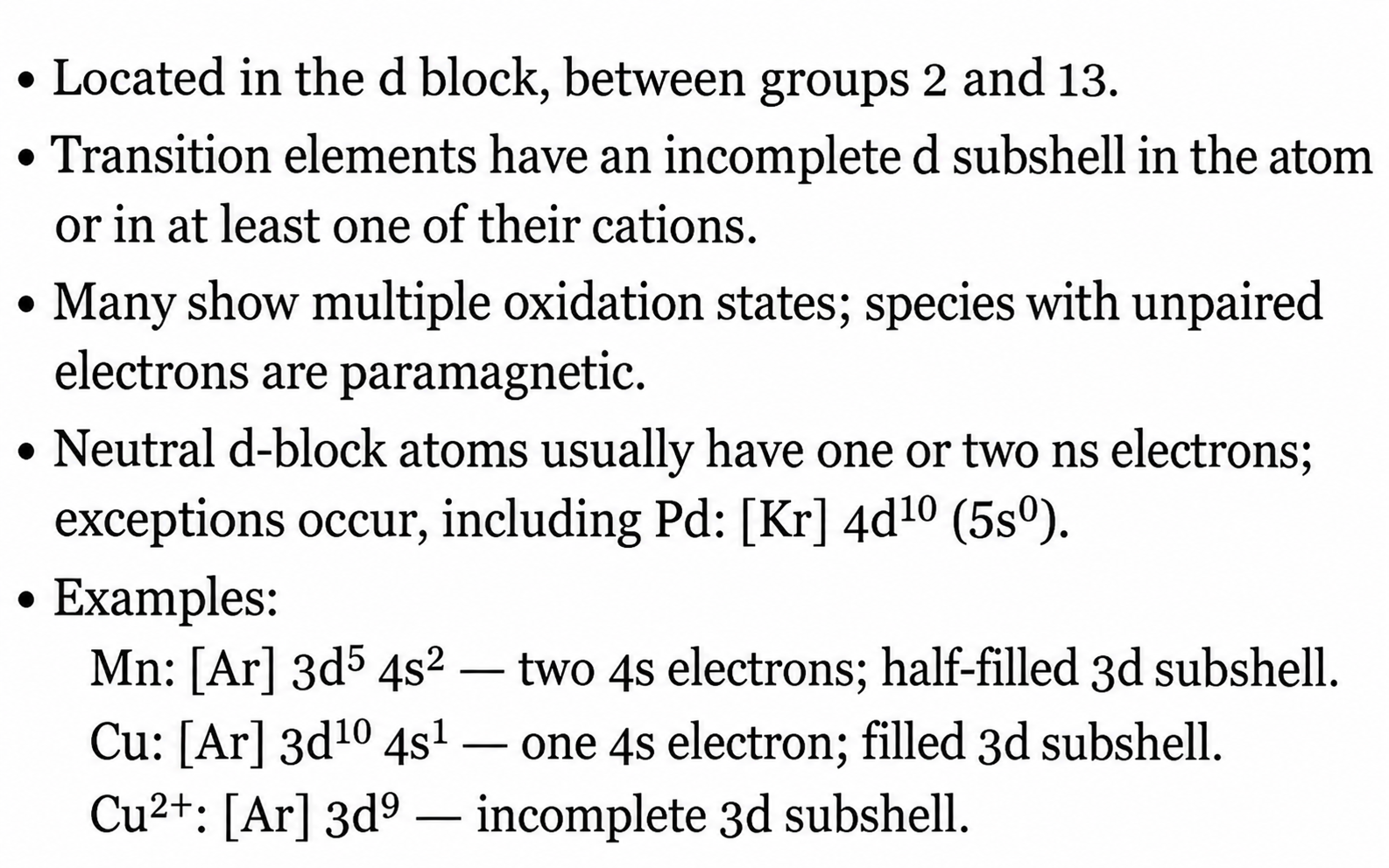 Transition elements: d subshells; Pd exception; Mn, Cu, and Cu2+ configurations.