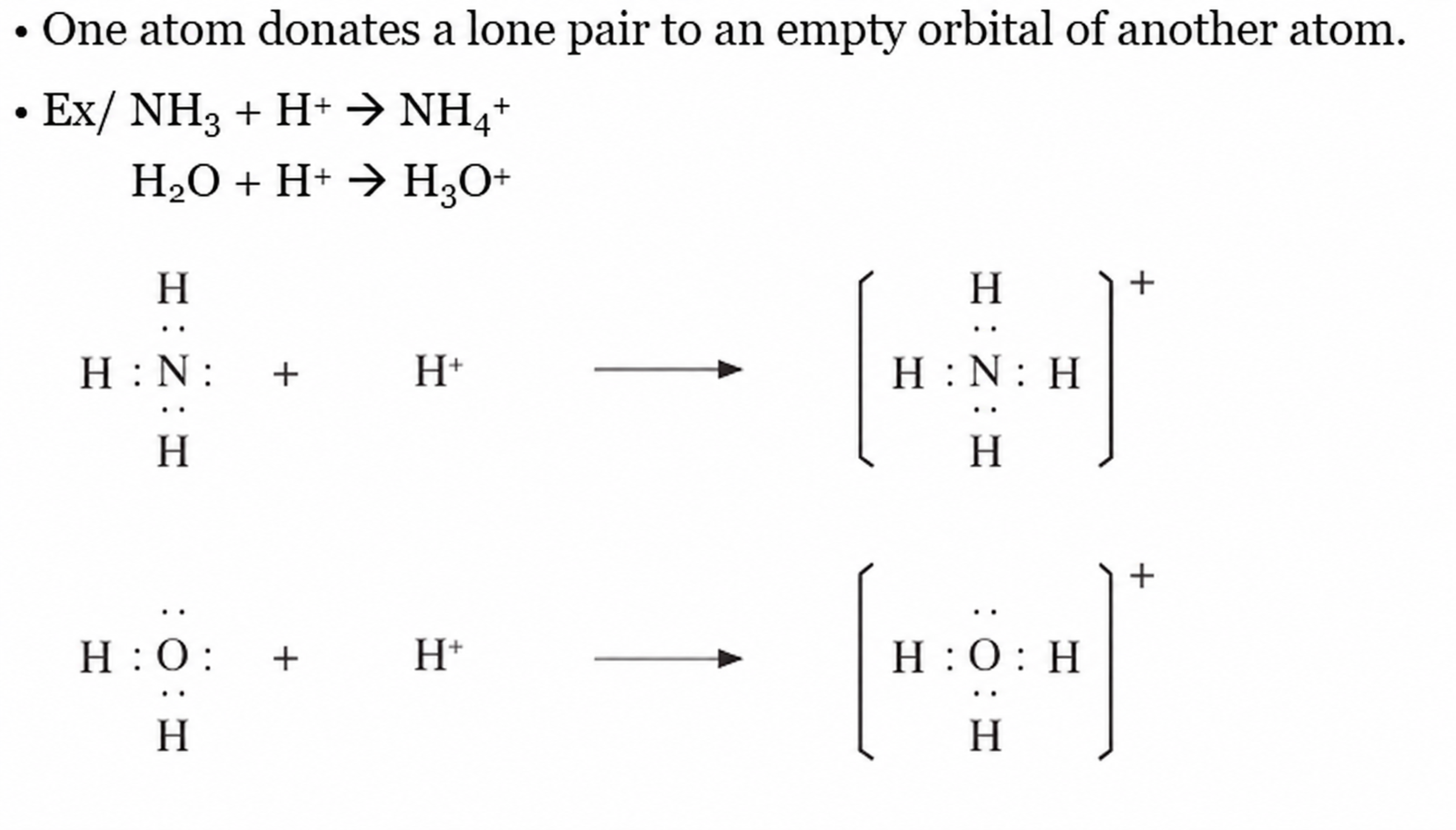 Lone-pair donation to an empty orbital, with NH3 plus H+ forming NH4+ and H2O plus H+ forming H3O+.