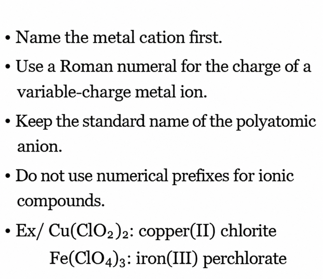 Naming ionic compounds containing polyatomic anions, with copper(II) chlorite and iron(III) perchlorate.
