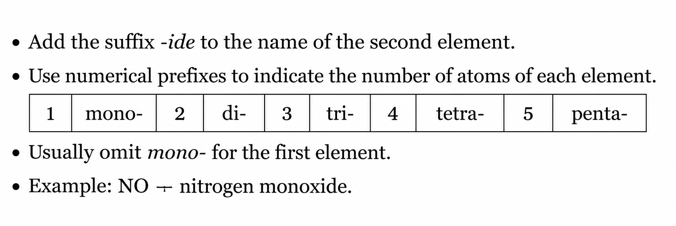 Binary molecular nomenclature uses atom-count prefixes; the second element ends in -ide.