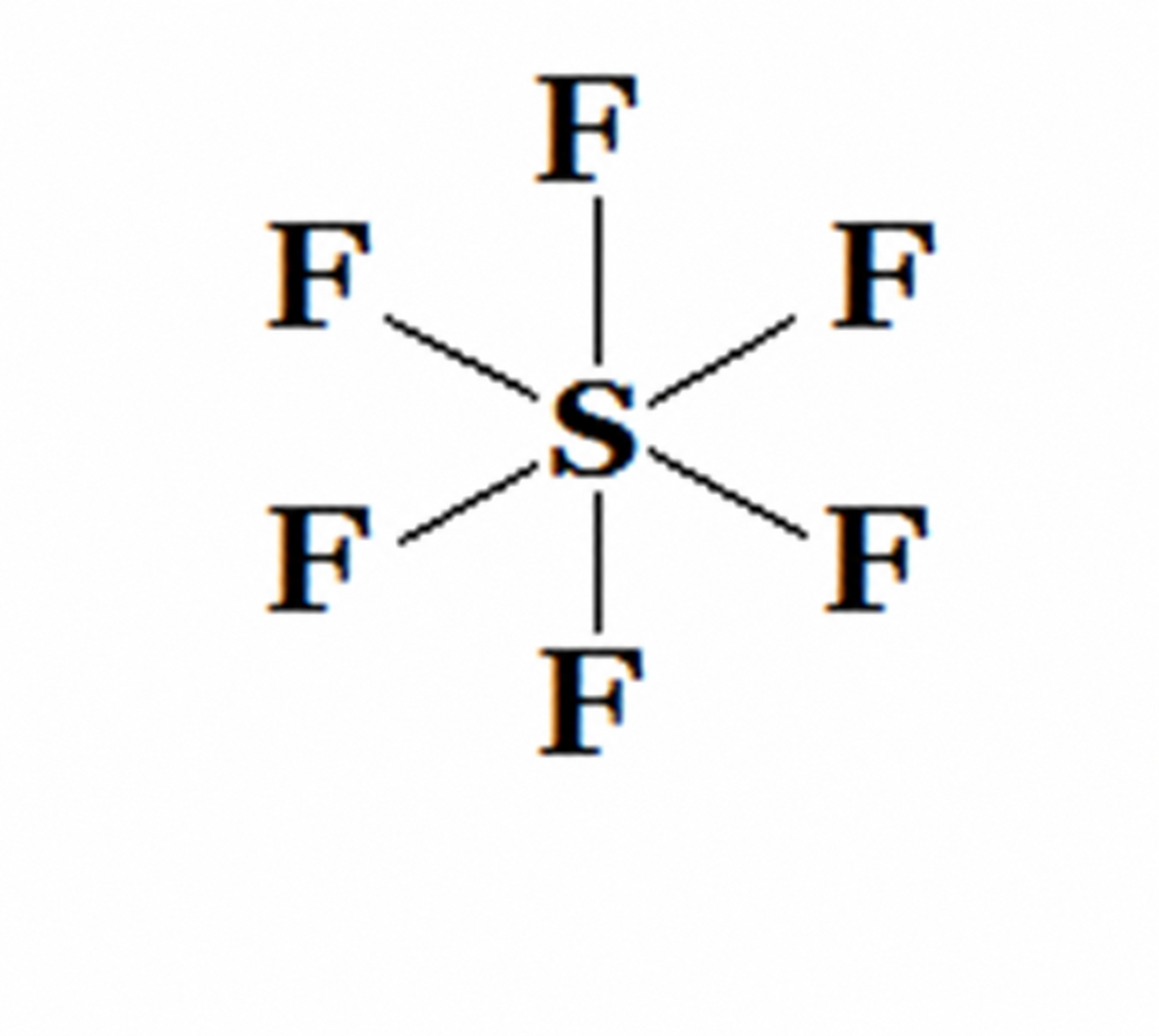 Octahedral sulfur hexafluoride, SF6, with six fluorine ligands.