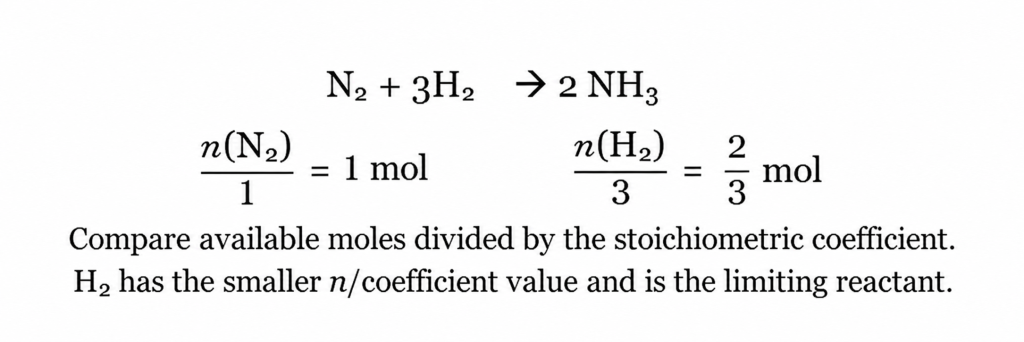 Comparing n/coefficient identifies H2 as limiting for1molN2 and2molH2.