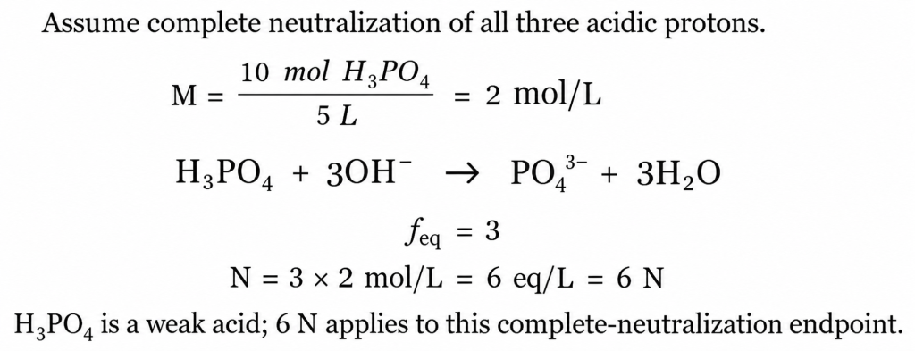 Ten moles of phosphoric acid in5L is2M and6N for complete neutralization of all three acidic protons.