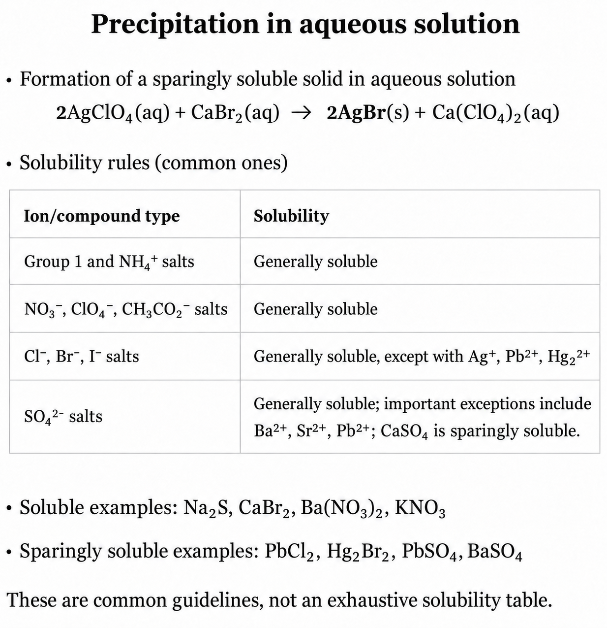 Balanced silver-bromide precipitation and common solubility guidelines with separate halide and sulfate exceptions.