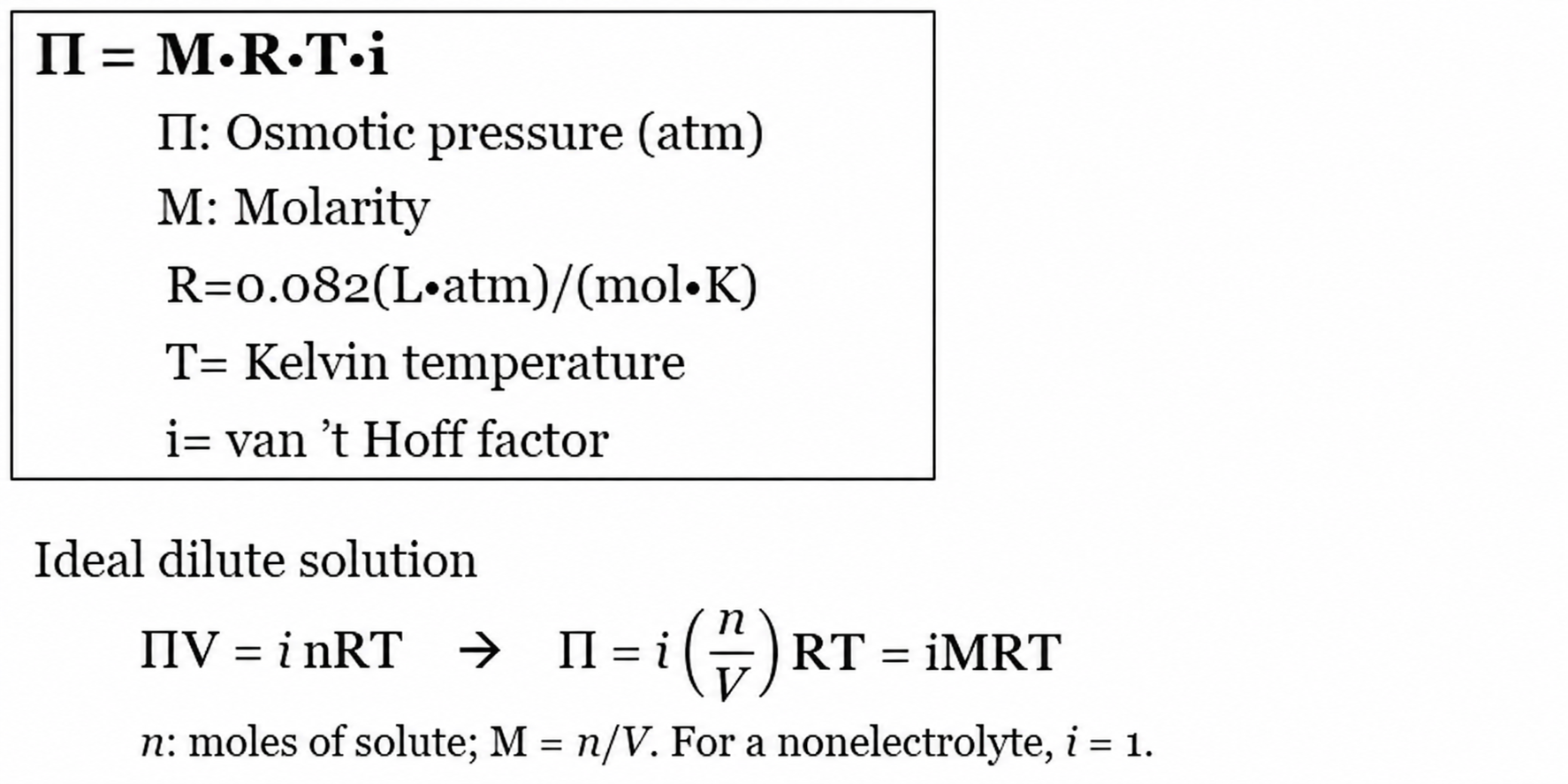 Ideal dilute solution: PiV equals i nRT and Pi equals iMRT; no extra volume factor.