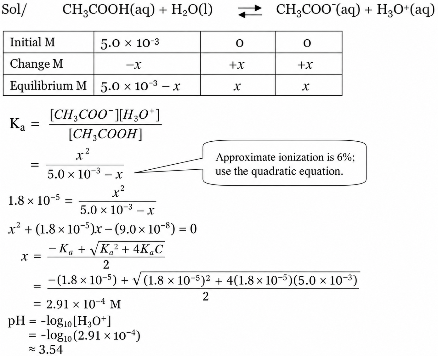 Quadratic acetic-acid calculation: hydronium approximately2.91times10^-4M and pH3.54; the6percent estimate requires a check.
