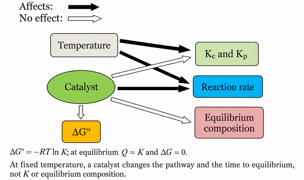 At fixed temperature, a catalyst affects the rate and time to equilibrium, but not the equilibrium constant, equilibrium composition, or standard Gibbs energy.