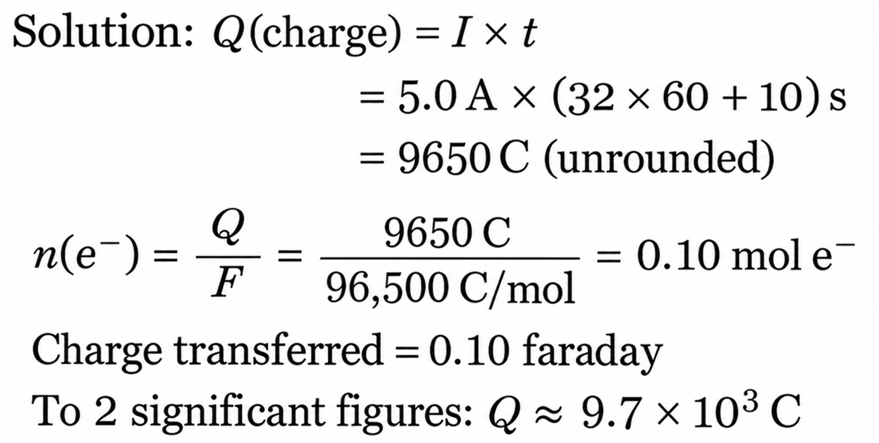 Charge Q = It = 9650 C before rounding; 0.10 mol electrons and 0.10 faraday; Q rounds to 9.7 × 10³ C.