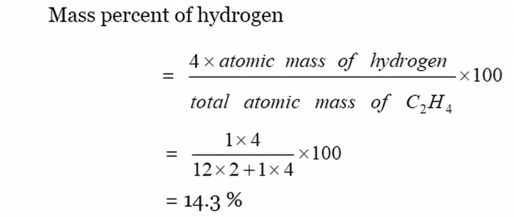 Mass percent of hydrogen in C2H4 = (4 × atomic mass of hydrogen)/(total atomic mass of C2H4) × 100 = 14.3%.