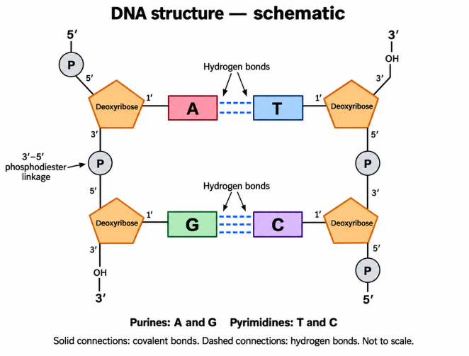 Schematic of antiparallel DNA strands with deoxyribose–phosphate backbones, two hydrogen bonds in A–T pairs, and three in G–C pairs.